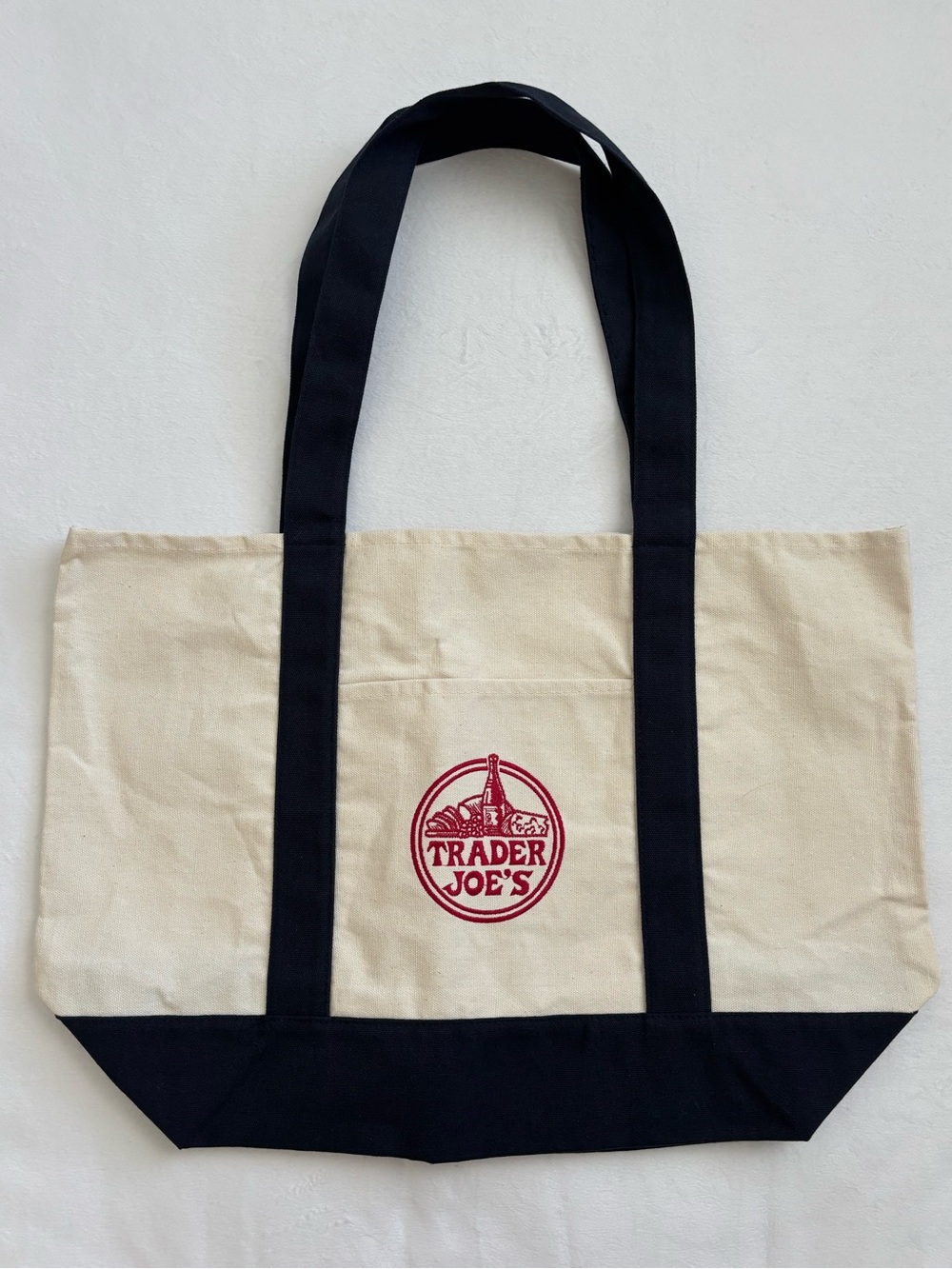 Trader Joe’s Large Canvas Tote Bag Cream and Navy Blue NWT - Picture 2 of 14